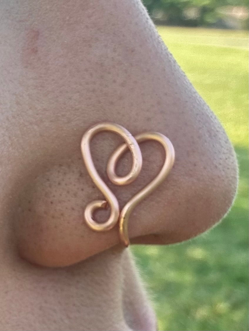Adjustable Hand Wrapped Copper Wire Heart Nose Cuff