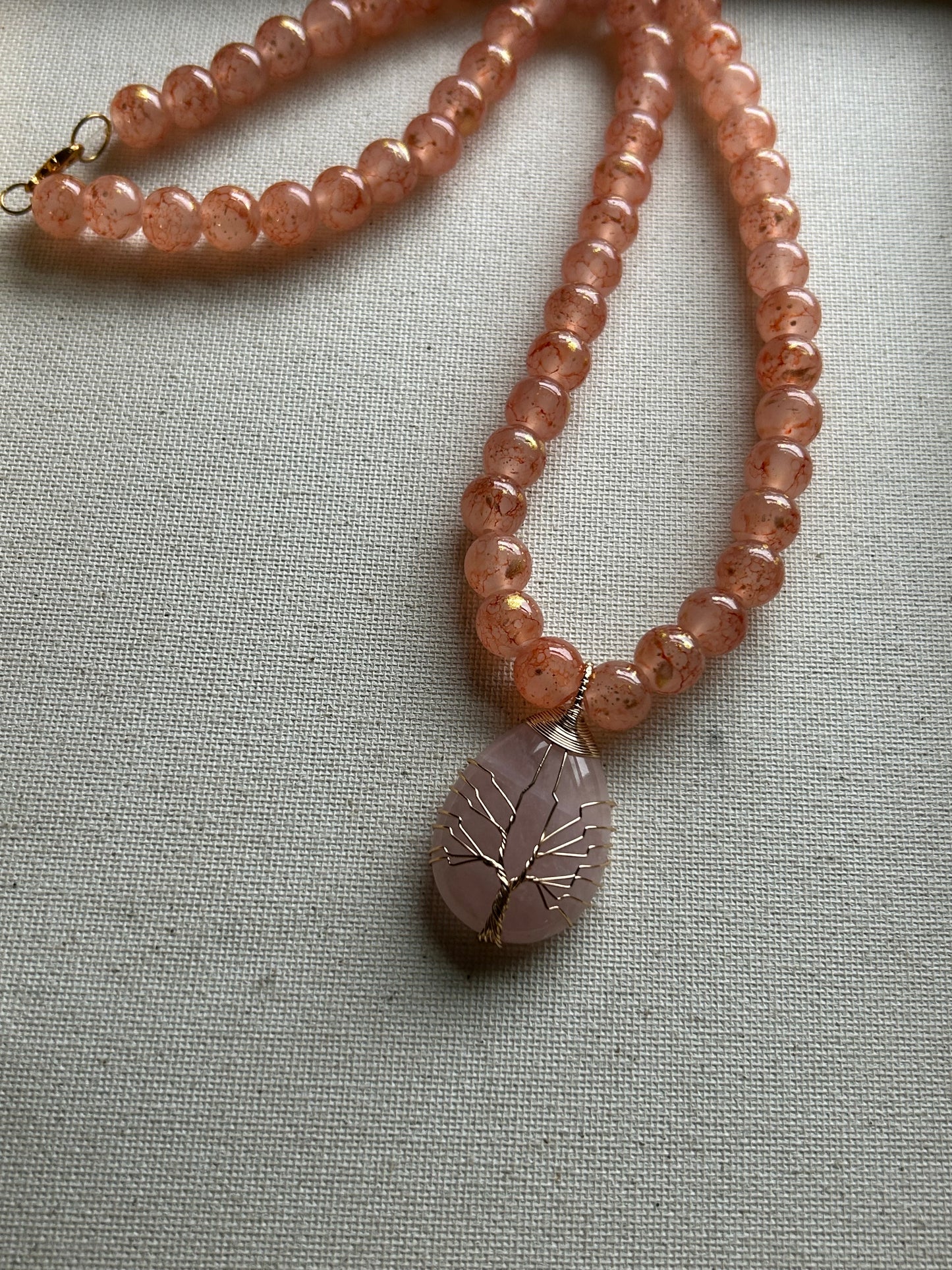 Rose Quartz Crystal Tree Of Life Necklace
