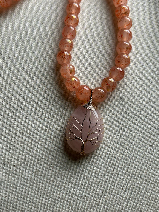 Rose Quartz Crystal Tree Of Life Necklace